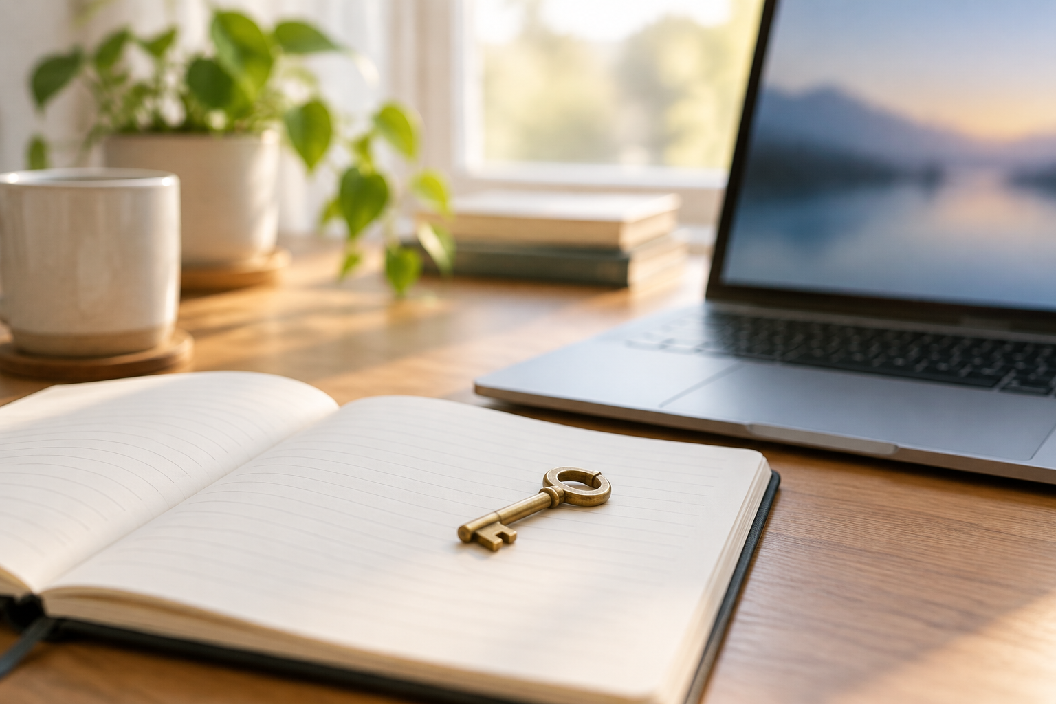 A closed paper notebook with a small brass padlock on a wooden desk, next to a phone showing a login screen
