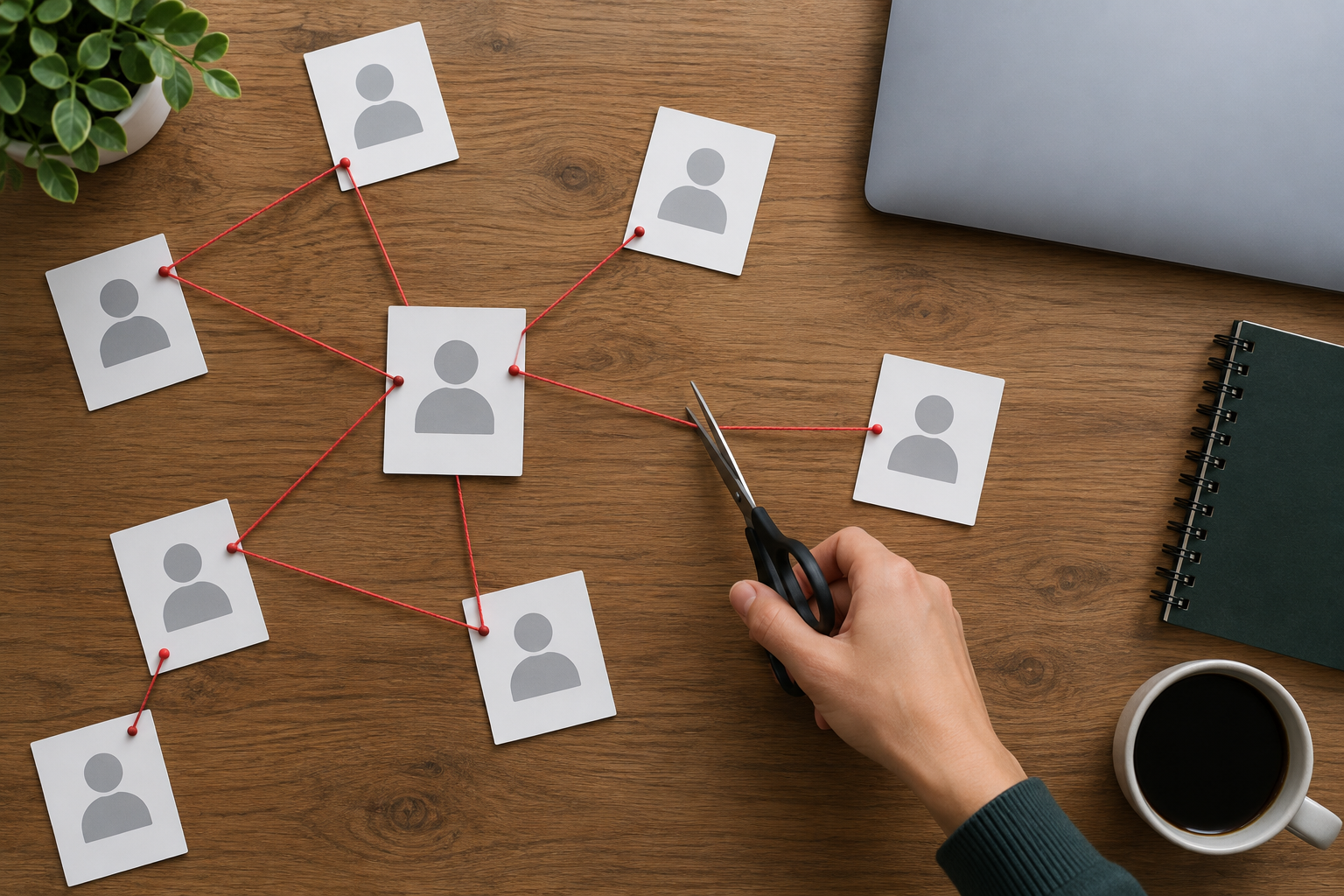 Paper cards showing a name, phone number, and workplace linked together by a loose string on a desk